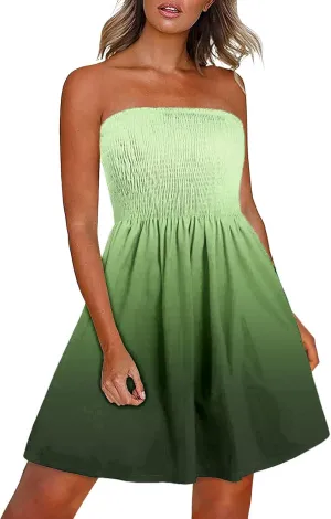 XUNRYAN Summer Dresses Women Strapless Casual Beach Cover Ups Tube Top Sundress Smocked Bandeau Dress 2025 Fashion Clothes