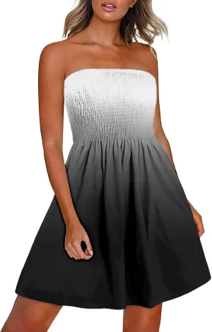 XUNRYAN Summer Dresses Women Strapless Casual Beach Cover Ups Tube Top Sundress Smocked Bandeau Dress 2025 Fashion Clothes