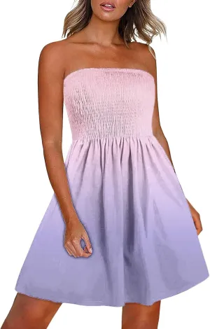 XUNRYAN Summer Dresses Women Strapless Casual Beach Cover Ups Tube Top Sundress Smocked Bandeau Dress 2025 Fashion Clothes