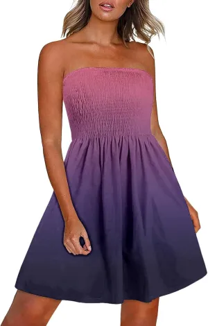 XUNRYAN Summer Dresses Women Strapless Casual Beach Cover Ups Tube Top Sundress Smocked Bandeau Dress 2025 Fashion Clothes
