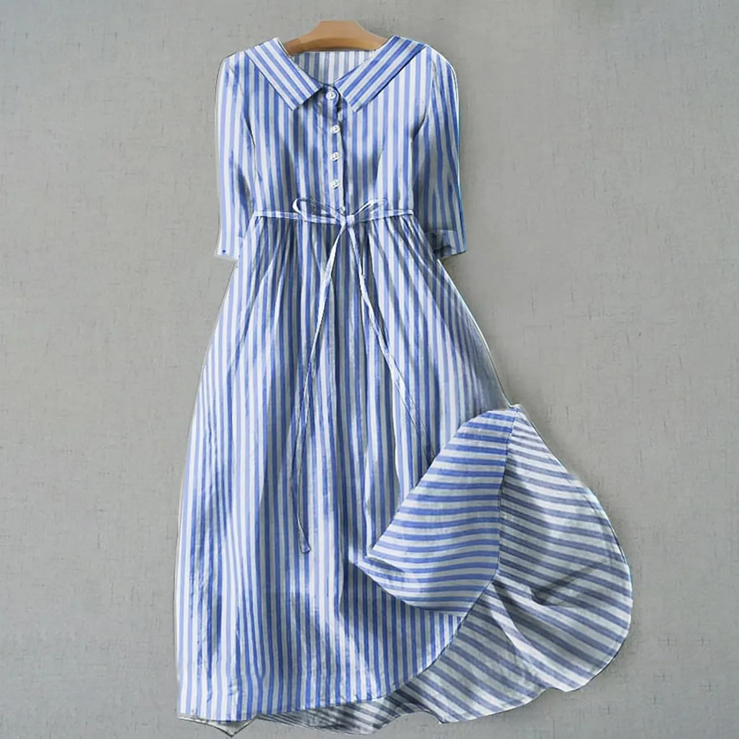 XUNRYAN Summer Linen Dresses Women 2024 Trendy Casual Button Blouse Dresses V-Neck 3/4 Sleeve Midi Dress High Waist Sundress