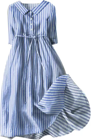 XUNRYAN Summer Linen Dresses Women 2024 Trendy Casual Button Blouse Dresses V-Neck 3/4 Sleeve Midi Dress High Waist Sundress