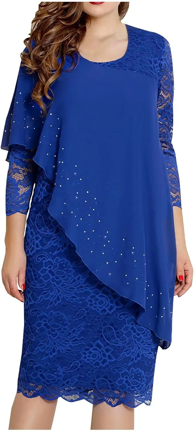 XUNRYAN Wedding Guest Dress Womens 3/4 Sleeve Floral Lace Cape Dresses Chiffon Overlay Bodycon Pencil Dress Cocktail Gown