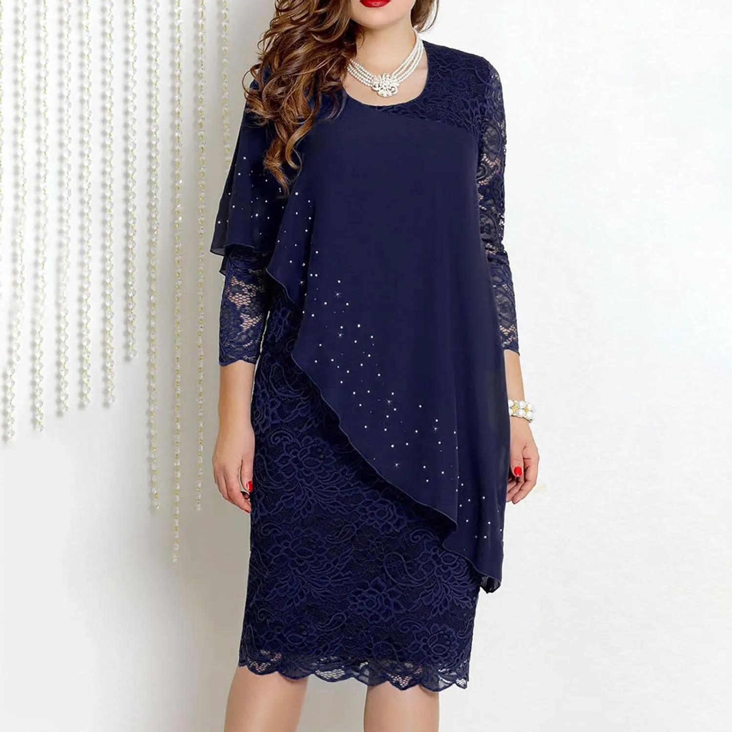 XUNRYAN Wedding Guest Dress Womens 3/4 Sleeve Floral Lace Cape Dresses Chiffon Overlay Bodycon Pencil Dress Cocktail Gown