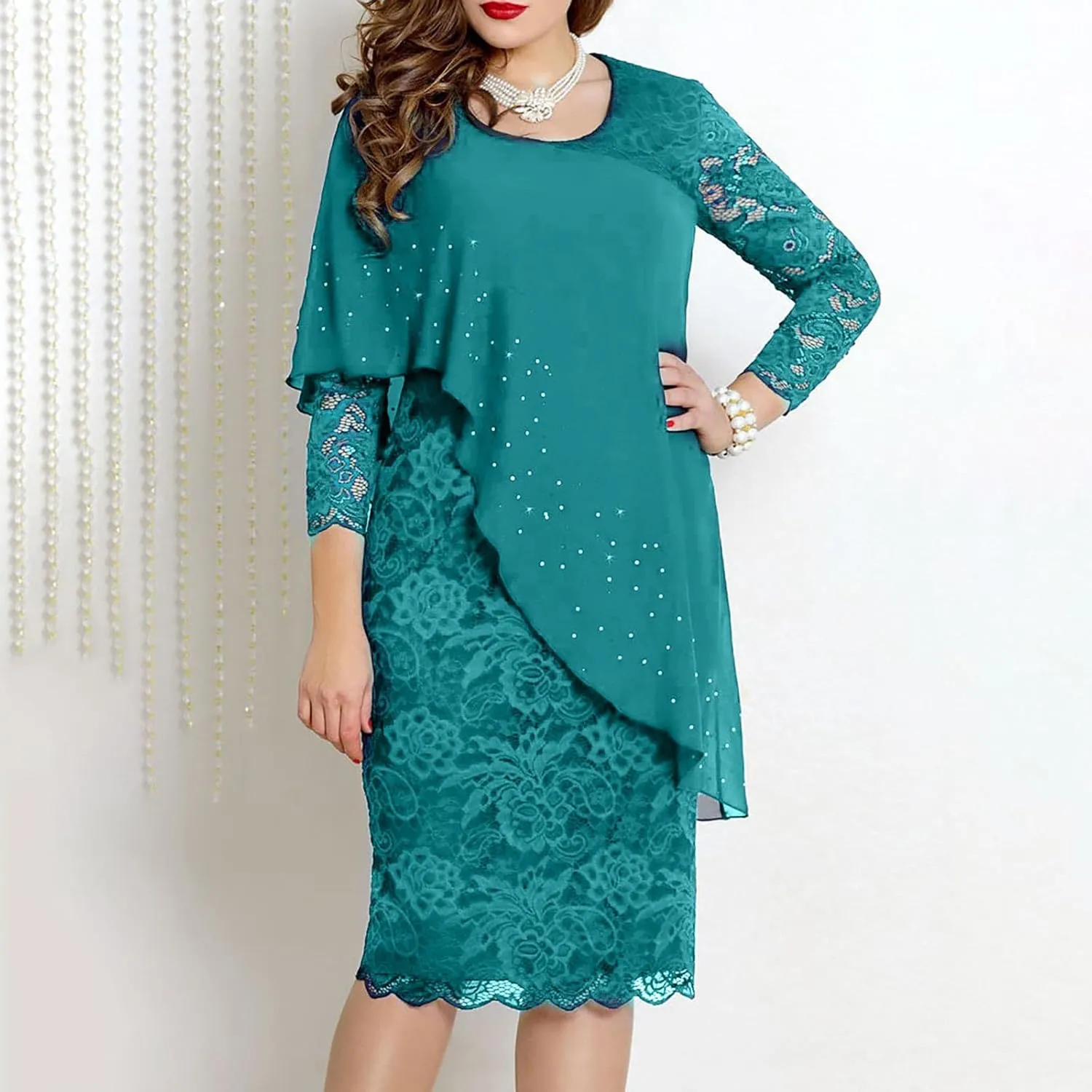 XUNRYAN Wedding Guest Dress Womens 3/4 Sleeve Floral Lace Cape Dresses Chiffon Overlay Bodycon Pencil Dress Cocktail Gown