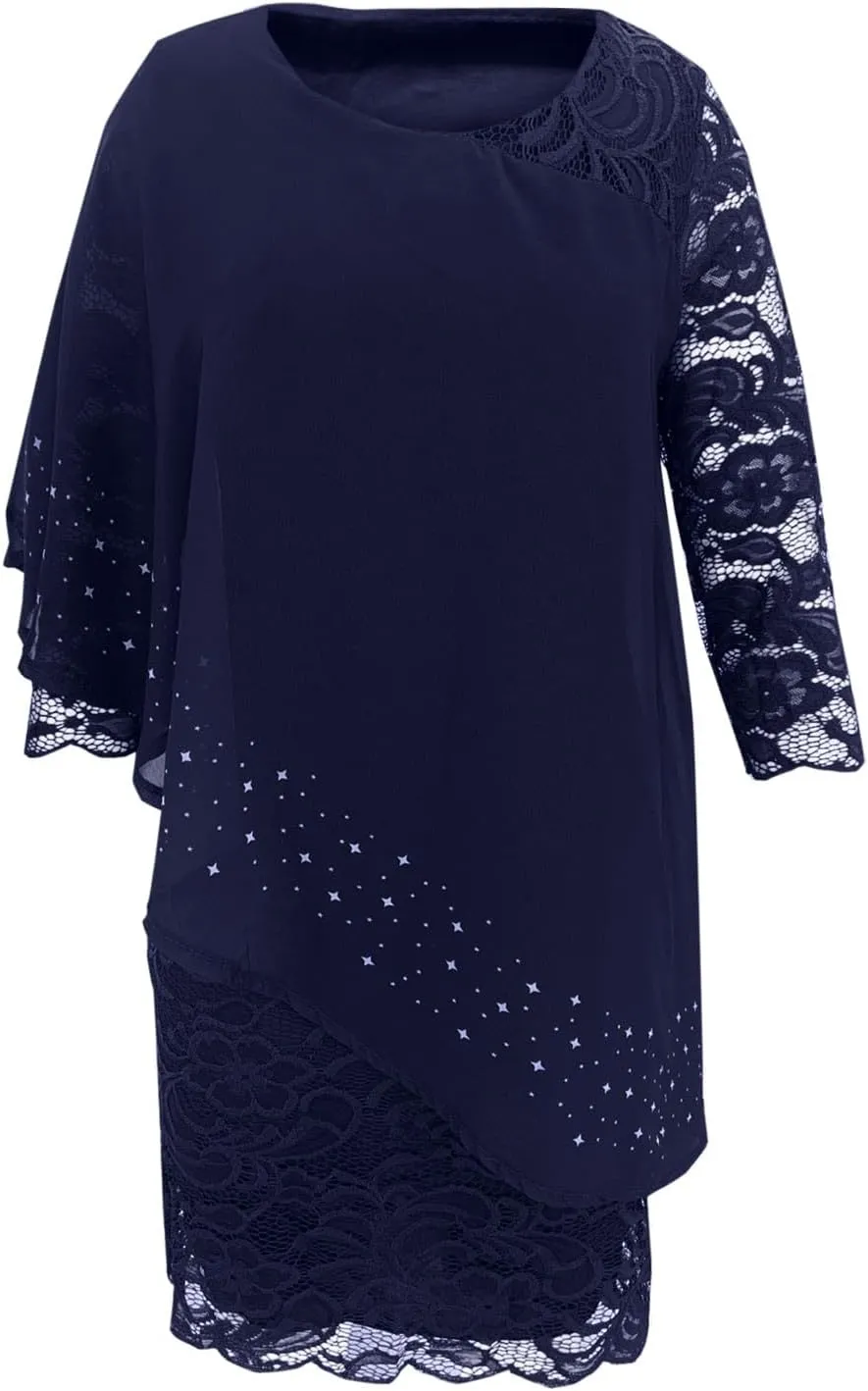 XUNRYAN Wedding Guest Dress Womens 3/4 Sleeve Floral Lace Cape Dresses Chiffon Overlay Bodycon Pencil Dress Cocktail Gown