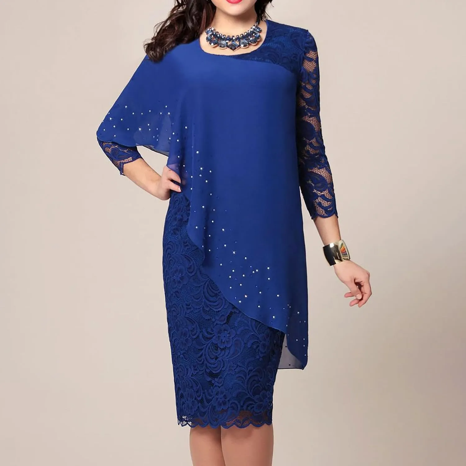 XUNRYAN Wedding Guest Dress Womens 3/4 Sleeve Floral Lace Cape Dresses Chiffon Overlay Bodycon Pencil Dress Cocktail Gown