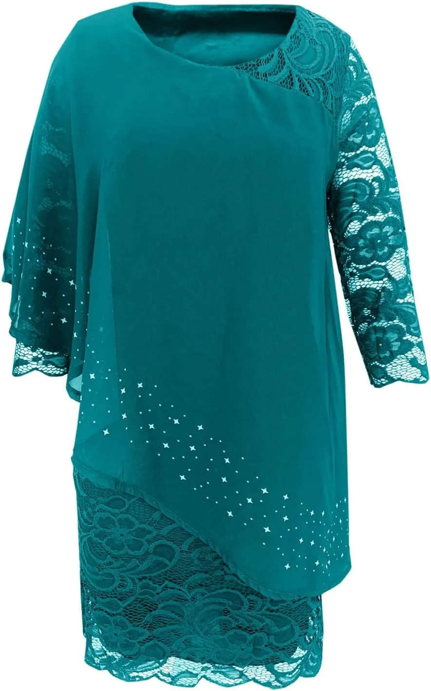 XUNRYAN Wedding Guest Dress Womens 3/4 Sleeve Floral Lace Cape Dresses Chiffon Overlay Bodycon Pencil Dress Cocktail Gown