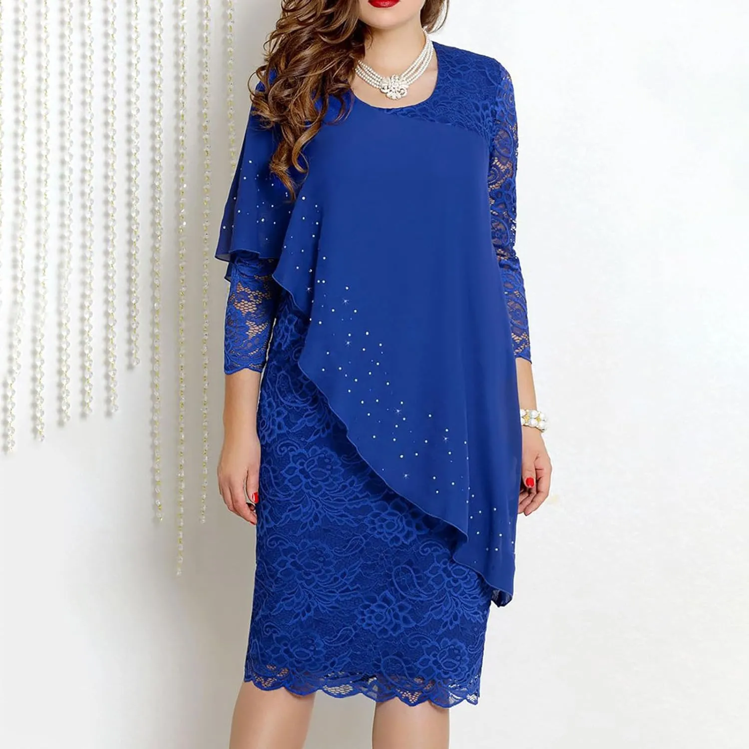 XUNRYAN Wedding Guest Dress Womens 3/4 Sleeve Floral Lace Cape Dresses Chiffon Overlay Bodycon Pencil Dress Cocktail Gown