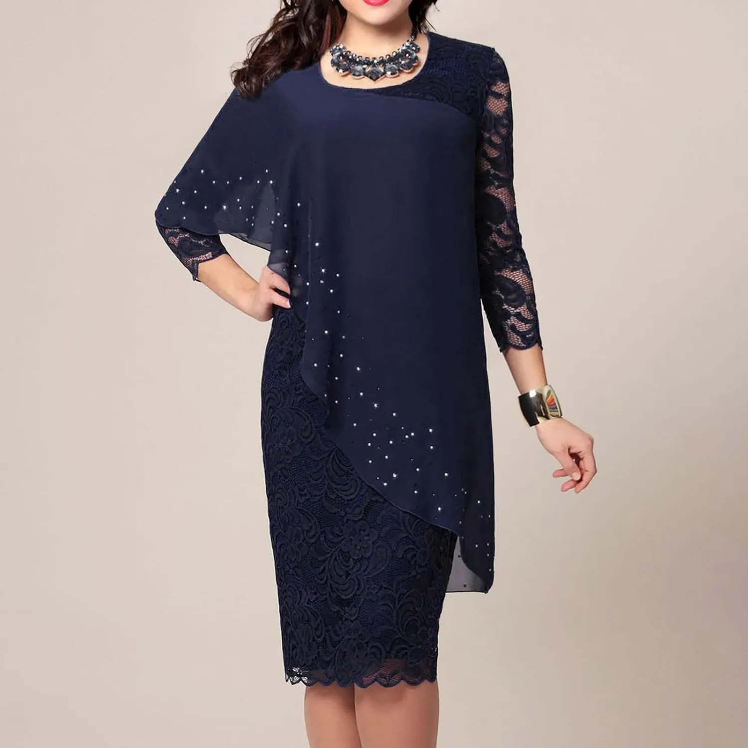 XUNRYAN Wedding Guest Dress Womens 3/4 Sleeve Floral Lace Cape Dresses Chiffon Overlay Bodycon Pencil Dress Cocktail Gown