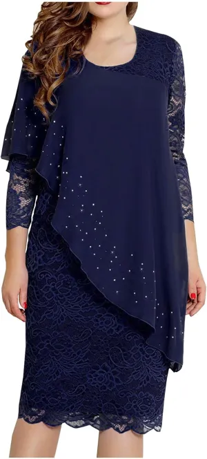 XUNRYAN Wedding Guest Dress Womens 3/4 Sleeve Floral Lace Cape Dresses Chiffon Overlay Bodycon Pencil Dress Cocktail Gown