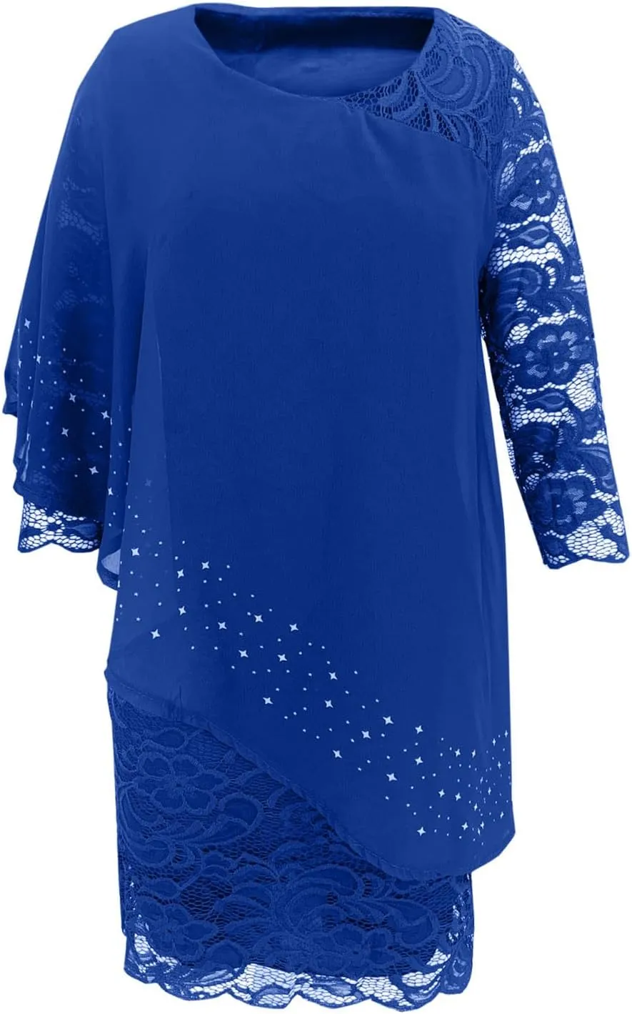 XUNRYAN Wedding Guest Dress Womens 3/4 Sleeve Floral Lace Cape Dresses Chiffon Overlay Bodycon Pencil Dress Cocktail Gown