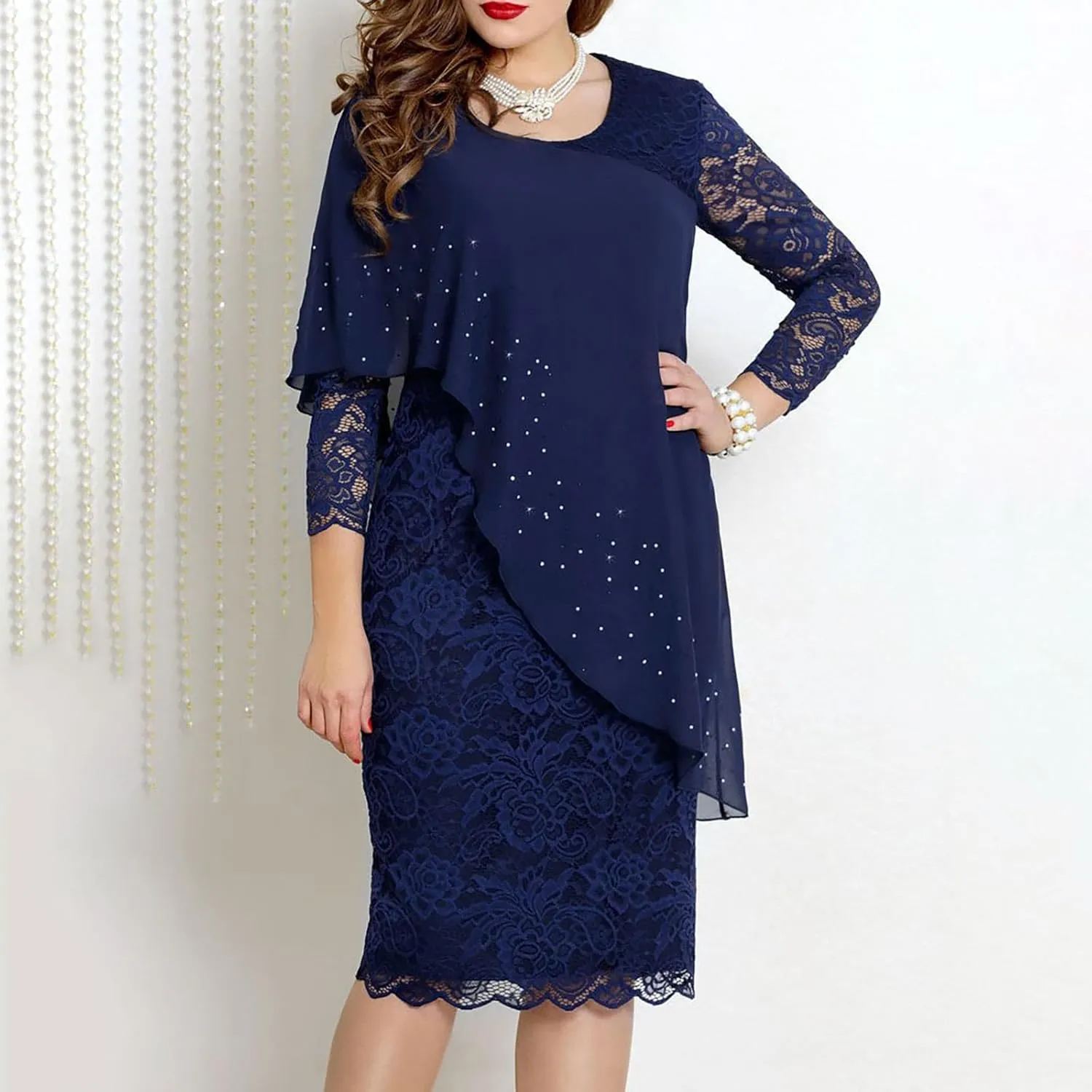 XUNRYAN Wedding Guest Dress Womens 3/4 Sleeve Floral Lace Cape Dresses Chiffon Overlay Bodycon Pencil Dress Cocktail Gown