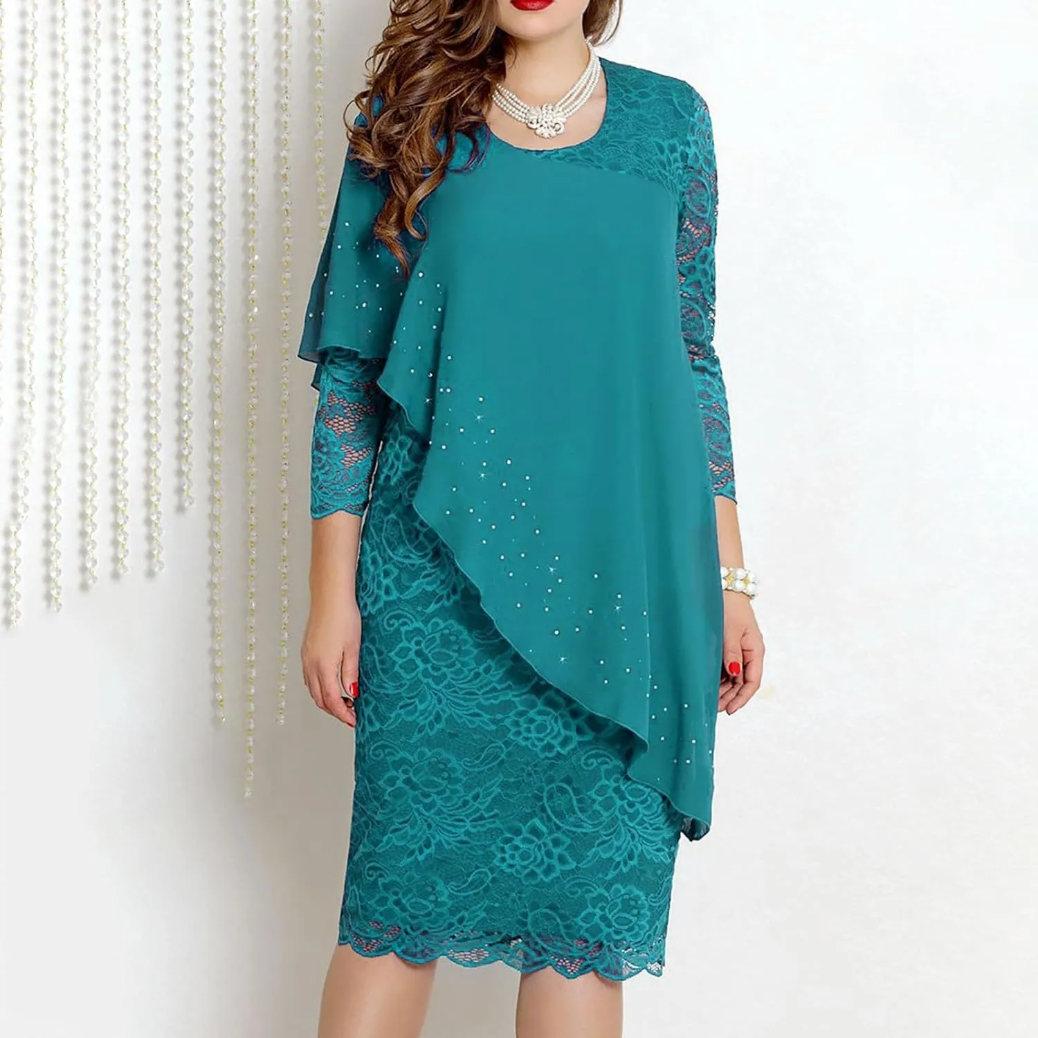 XUNRYAN Wedding Guest Dress Womens 3/4 Sleeve Floral Lace Cape Dresses Chiffon Overlay Bodycon Pencil Dress Cocktail Gown