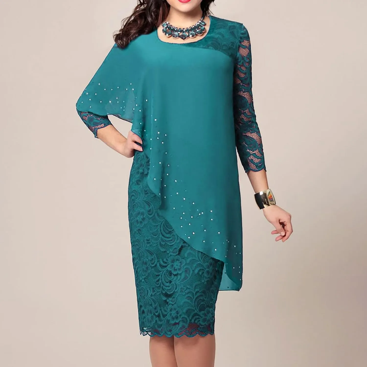 XUNRYAN Wedding Guest Dress Womens 3/4 Sleeve Floral Lace Cape Dresses Chiffon Overlay Bodycon Pencil Dress Cocktail Gown