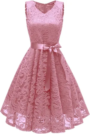 XUNRYAN Wedding Guest Dresses for Women Embroidered Floral Lace Bridesmaid Party Cocktail Dress V Neck Short Prom Gown
