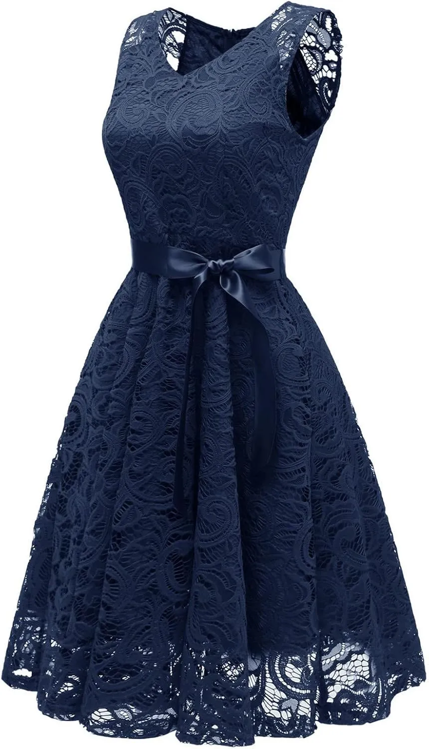 XUNRYAN Wedding Guest Dresses for Women Embroidered Floral Lace Bridesmaid Party Cocktail Dress V Neck Short Prom Gown