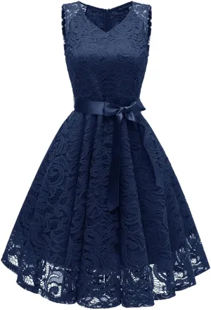 XUNRYAN Wedding Guest Dresses for Women Embroidered Floral Lace Bridesmaid Party Cocktail Dress V Neck Short Prom Gown