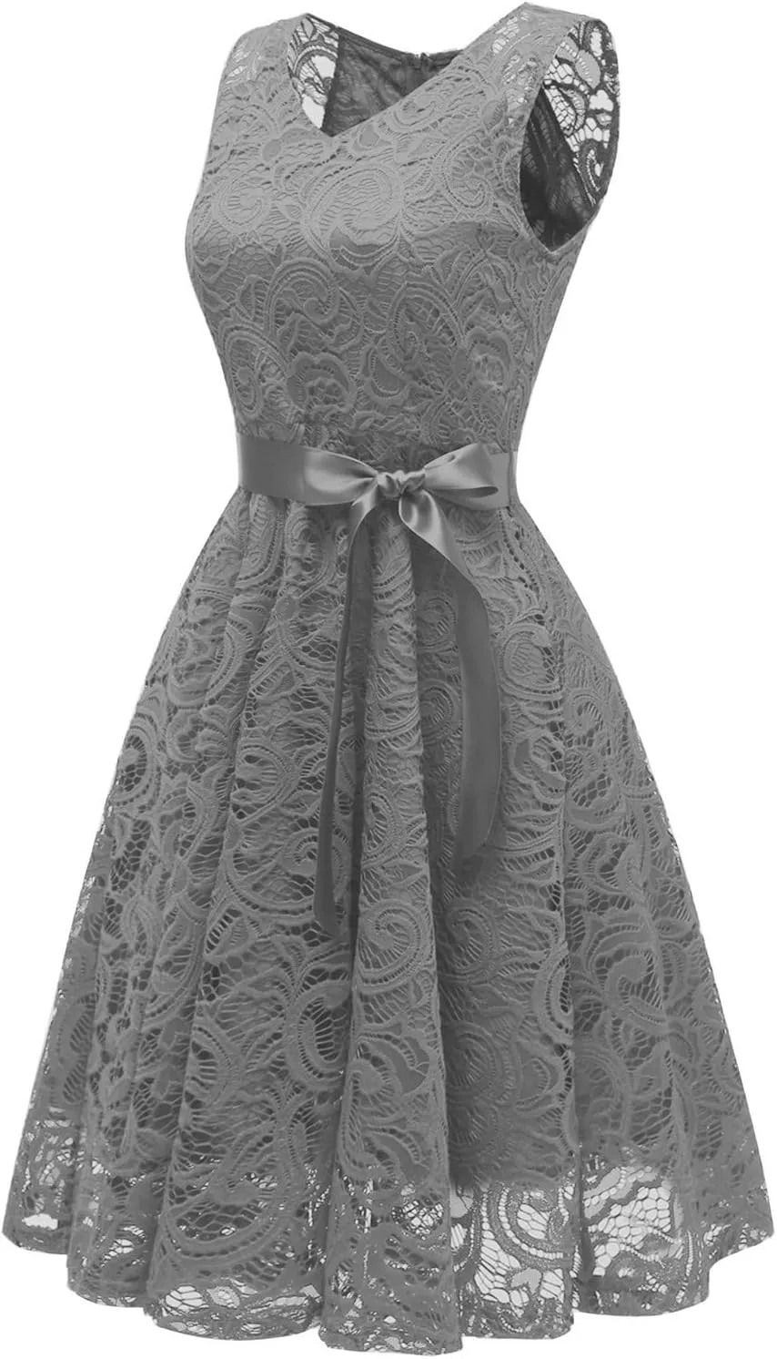 XUNRYAN Wedding Guest Dresses for Women Embroidered Floral Lace Bridesmaid Party Cocktail Dress V Neck Short Prom Gown