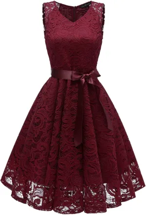 XUNRYAN Wedding Guest Dresses for Women Embroidered Floral Lace Bridesmaid Party Cocktail Dress V Neck Short Prom Gown