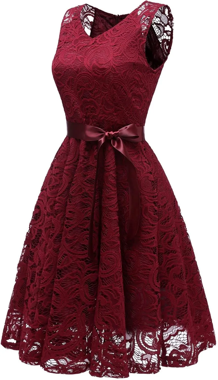 XUNRYAN Wedding Guest Dresses for Women Embroidered Floral Lace Bridesmaid Party Cocktail Dress V Neck Short Prom Gown