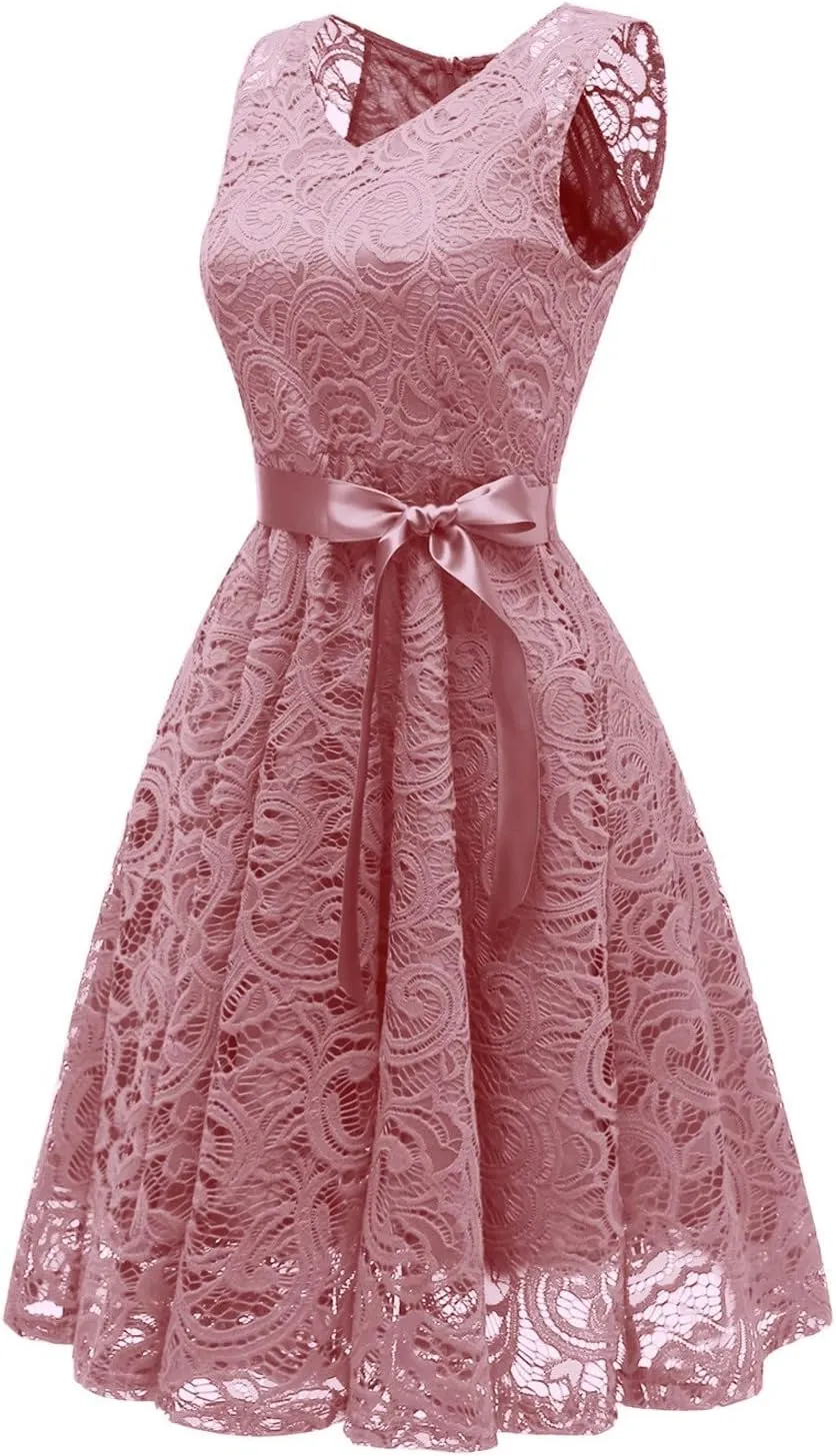 XUNRYAN Wedding Guest Dresses for Women Embroidered Floral Lace Bridesmaid Party Cocktail Dress V Neck Short Prom Gown