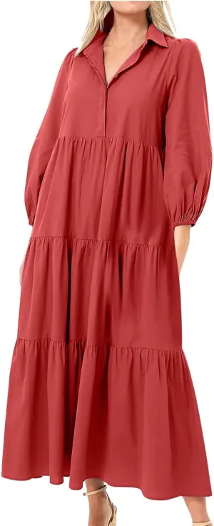 XUNRYAN Women Flowy Maxi Dresses Casual 3/4 Sleeve V-Neck Smocked Tiered Ruffle Babydoll Dress Long Beach Sundress w Pockets