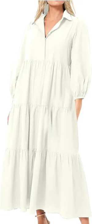 XUNRYAN Women Flowy Maxi Dresses Casual 3/4 Sleeve V-Neck Smocked Tiered Ruffle Babydoll Dress Long Beach Sundress w Pockets