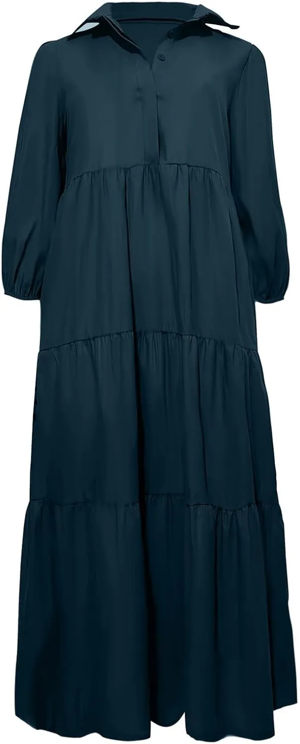 XUNRYAN Women Flowy Maxi Dresses Casual 3/4 Sleeve V-Neck Smocked Tiered Ruffle Babydoll Dress Long Beach Sundress w Pockets