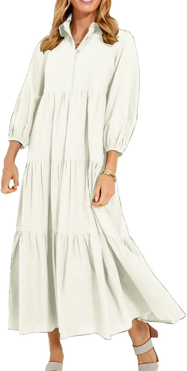 XUNRYAN Women Flowy Maxi Dresses Casual 3/4 Sleeve V-Neck Smocked Tiered Ruffle Babydoll Dress Long Beach Sundress w Pockets