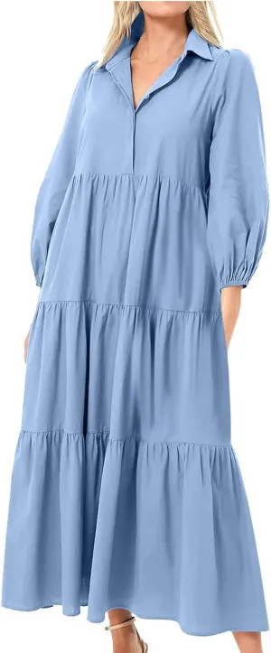 XUNRYAN Women Flowy Maxi Dresses Casual 3/4 Sleeve V-Neck Smocked Tiered Ruffle Babydoll Dress Long Beach Sundress w Pockets