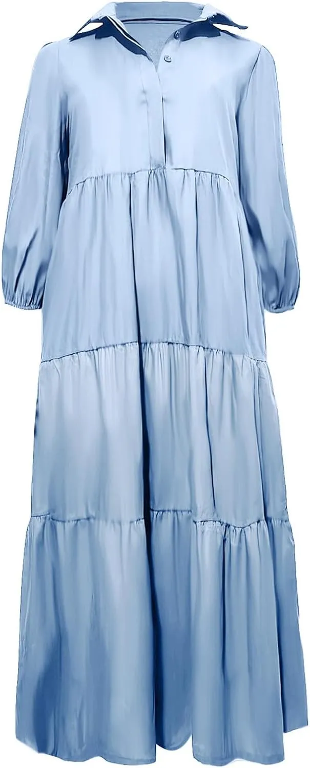 XUNRYAN Women Flowy Maxi Dresses Casual 3/4 Sleeve V-Neck Smocked Tiered Ruffle Babydoll Dress Long Beach Sundress w Pockets
