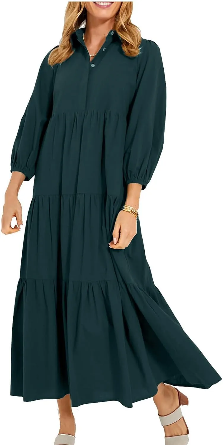 XUNRYAN Women Flowy Maxi Dresses Casual 3/4 Sleeve V-Neck Smocked Tiered Ruffle Babydoll Dress Long Beach Sundress w Pockets
