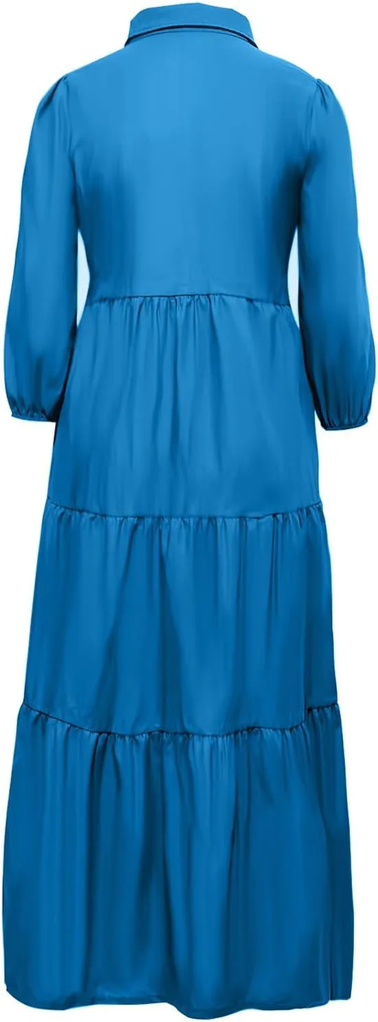 XUNRYAN Women Flowy Maxi Dresses Casual 3/4 Sleeve V-Neck Smocked Tiered Ruffle Babydoll Dress Long Beach Sundress w Pockets