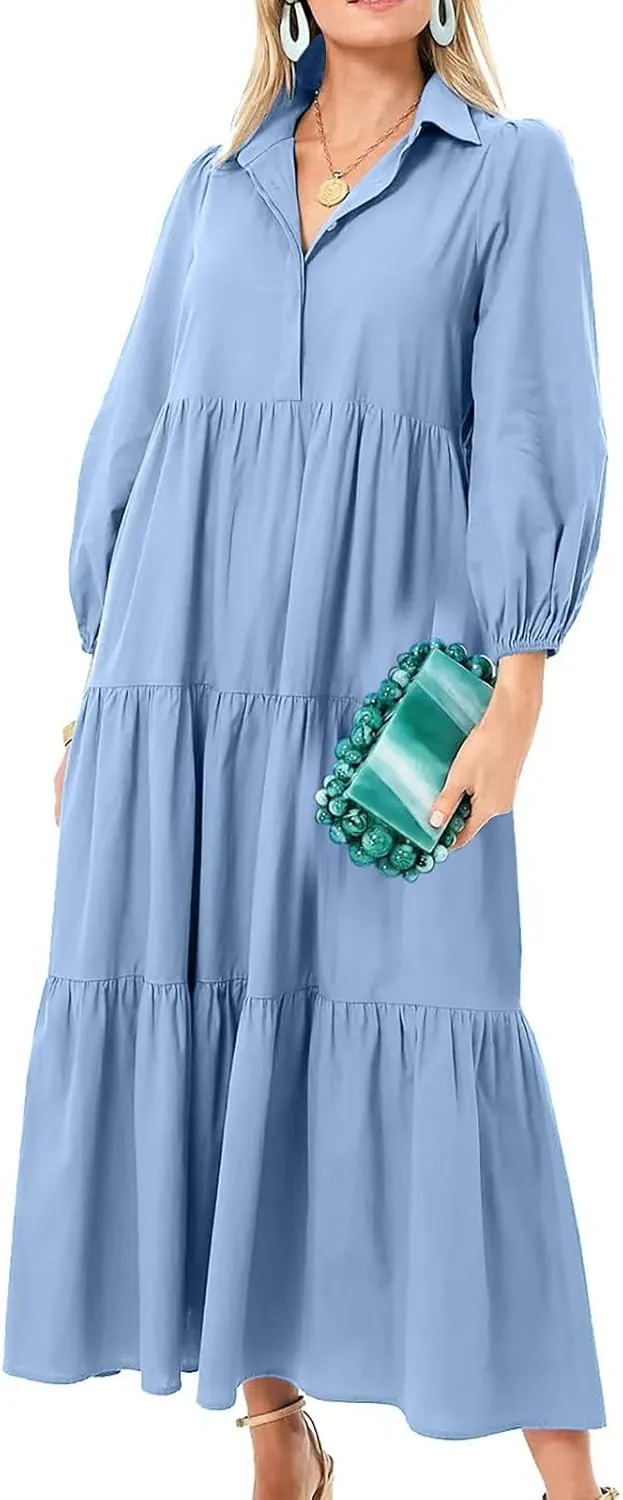 XUNRYAN Women Flowy Maxi Dresses Casual 3/4 Sleeve V-Neck Smocked Tiered Ruffle Babydoll Dress Long Beach Sundress w Pockets
