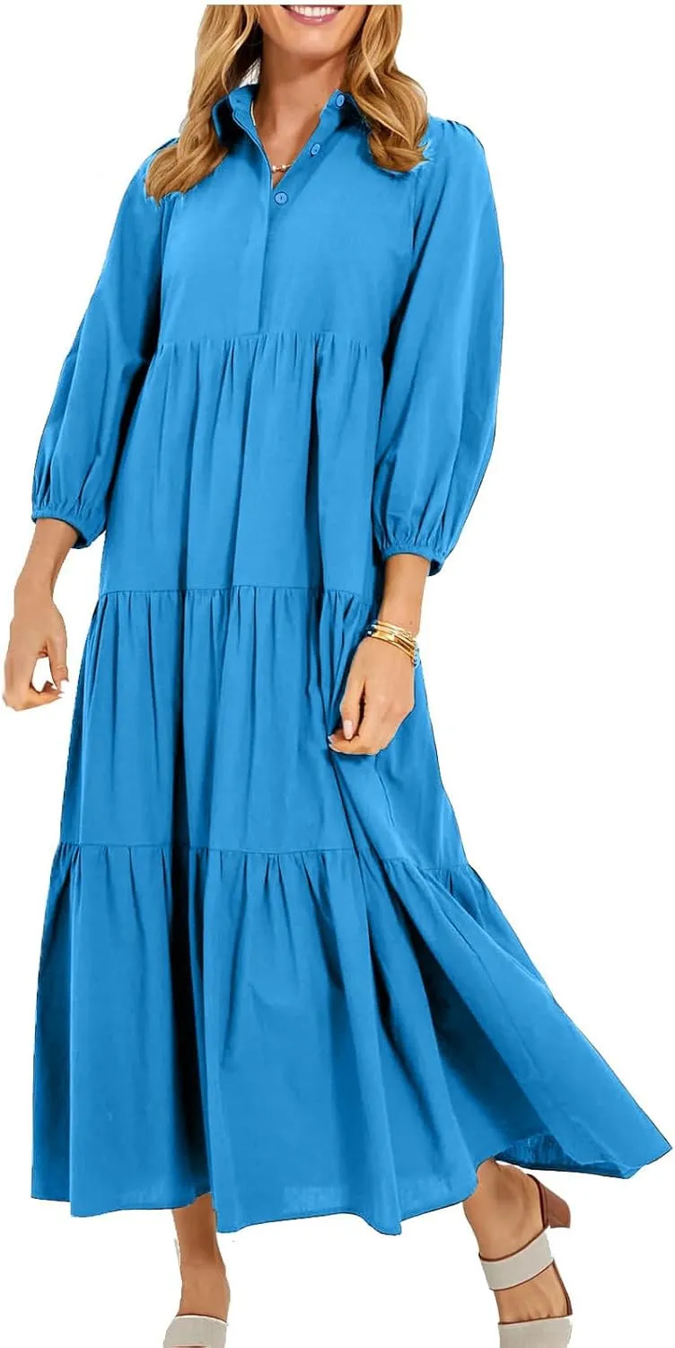 XUNRYAN Women Flowy Maxi Dresses Casual 3/4 Sleeve V-Neck Smocked Tiered Ruffle Babydoll Dress Long Beach Sundress w Pockets