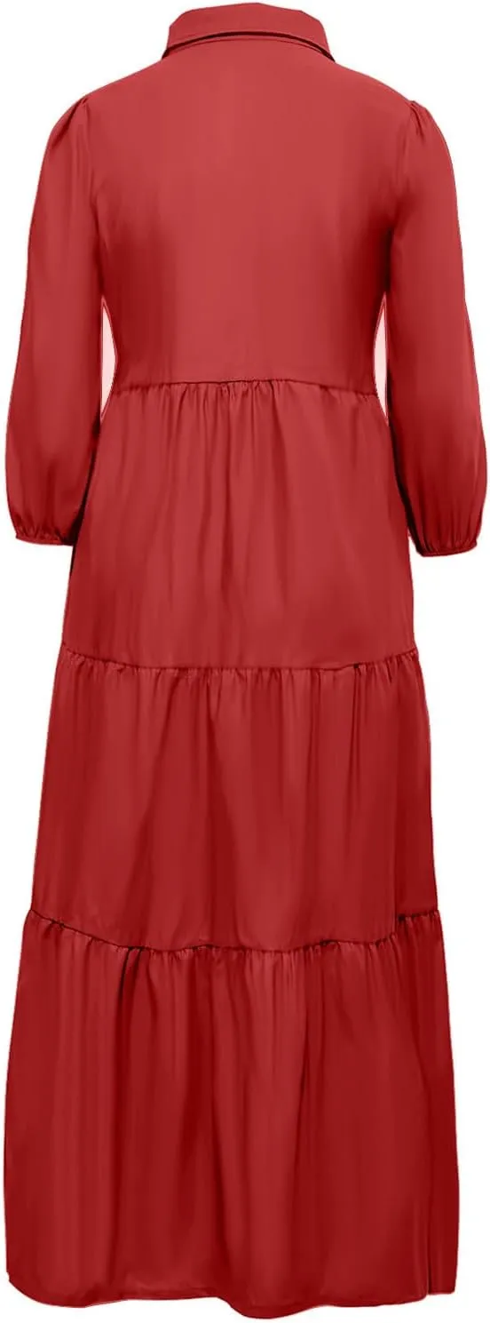 XUNRYAN Women Flowy Maxi Dresses Casual 3/4 Sleeve V-Neck Smocked Tiered Ruffle Babydoll Dress Long Beach Sundress w Pockets