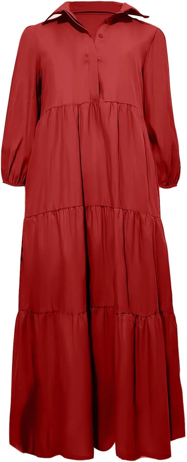 XUNRYAN Women Flowy Maxi Dresses Casual 3/4 Sleeve V-Neck Smocked Tiered Ruffle Babydoll Dress Long Beach Sundress w Pockets