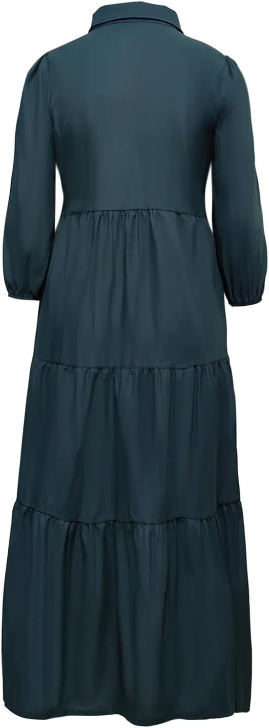 XUNRYAN Women Flowy Maxi Dresses Casual 3/4 Sleeve V-Neck Smocked Tiered Ruffle Babydoll Dress Long Beach Sundress w Pockets