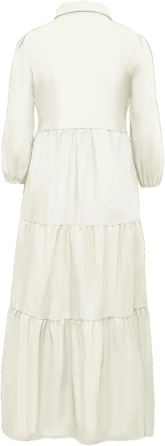 XUNRYAN Women Flowy Maxi Dresses Casual 3/4 Sleeve V-Neck Smocked Tiered Ruffle Babydoll Dress Long Beach Sundress w Pockets