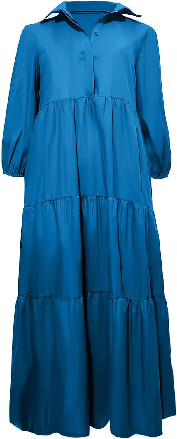 XUNRYAN Women Flowy Maxi Dresses Casual 3/4 Sleeve V-Neck Smocked Tiered Ruffle Babydoll Dress Long Beach Sundress w Pockets