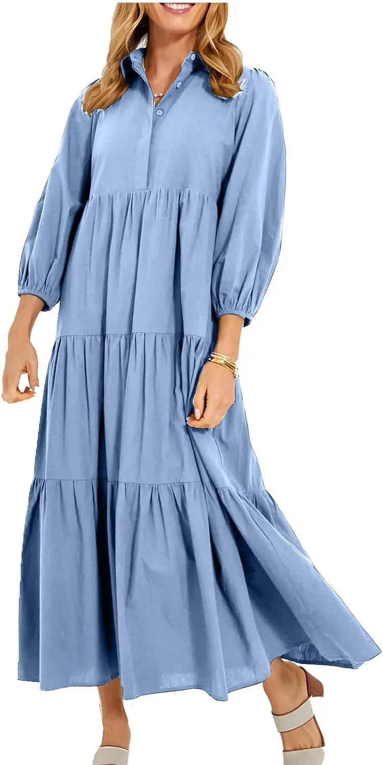 XUNRYAN Women Flowy Maxi Dresses Casual 3/4 Sleeve V-Neck Smocked Tiered Ruffle Babydoll Dress Long Beach Sundress w Pockets