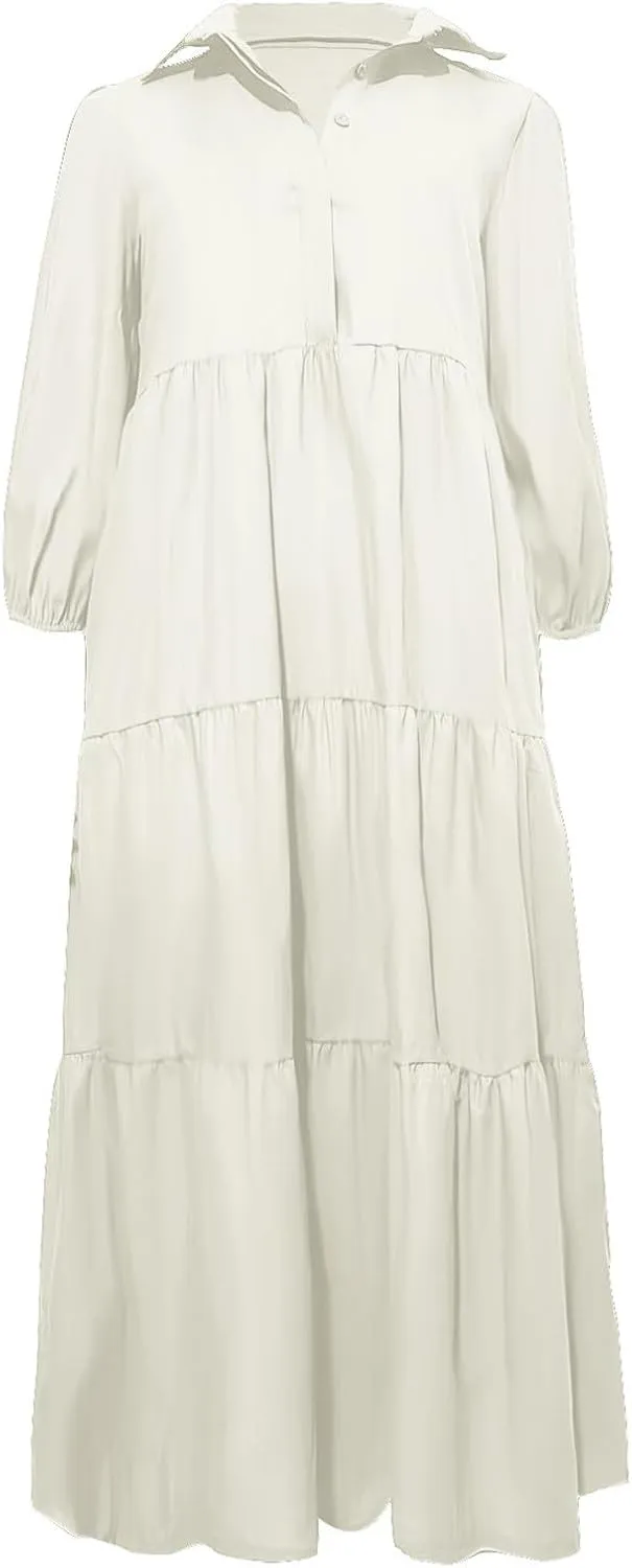 XUNRYAN Women Flowy Maxi Dresses Casual 3/4 Sleeve V-Neck Smocked Tiered Ruffle Babydoll Dress Long Beach Sundress w Pockets