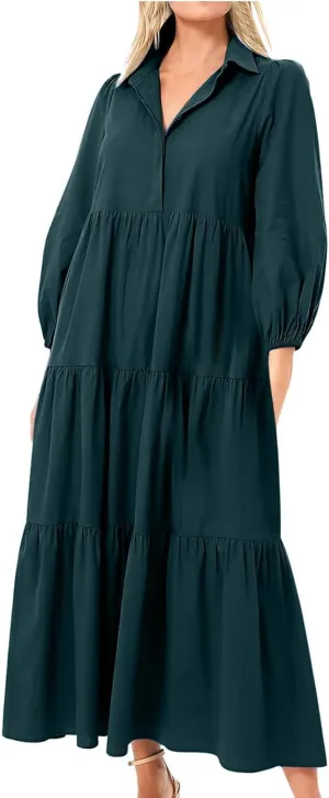 XUNRYAN Women Flowy Maxi Dresses Casual 3/4 Sleeve V-Neck Smocked Tiered Ruffle Babydoll Dress Long Beach Sundress w Pockets