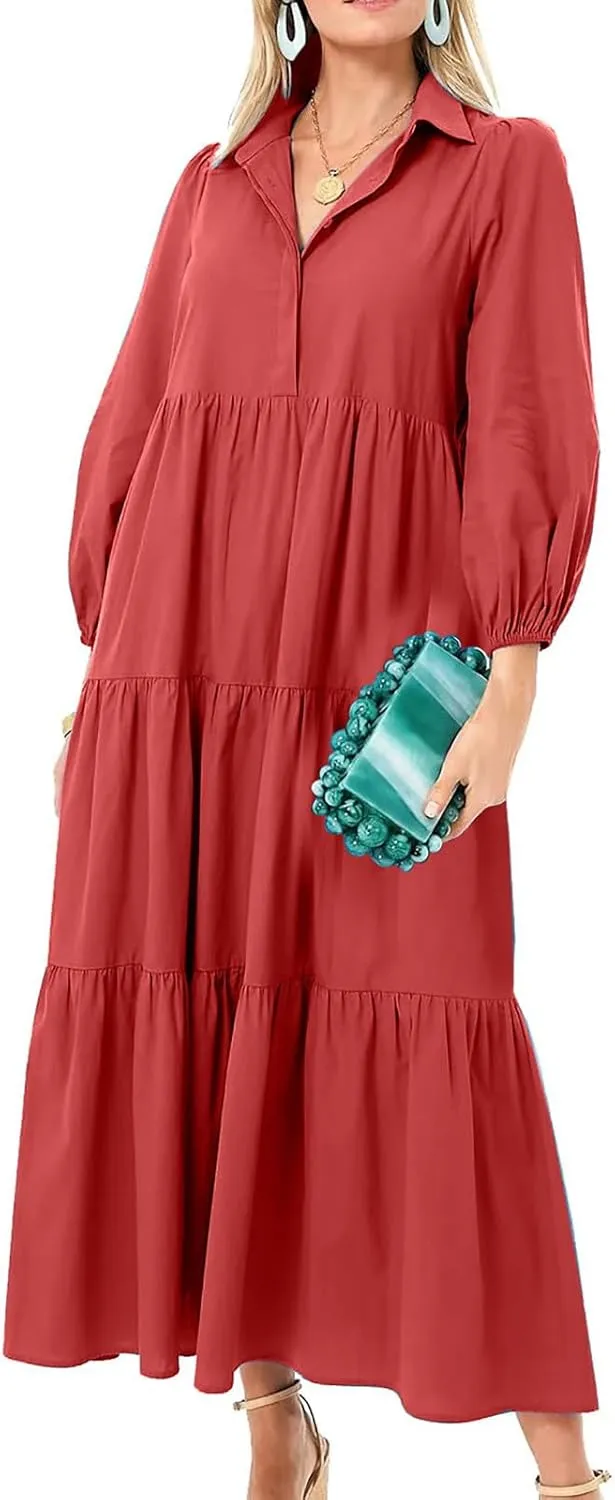 XUNRYAN Women Flowy Maxi Dresses Casual 3/4 Sleeve V-Neck Smocked Tiered Ruffle Babydoll Dress Long Beach Sundress w Pockets