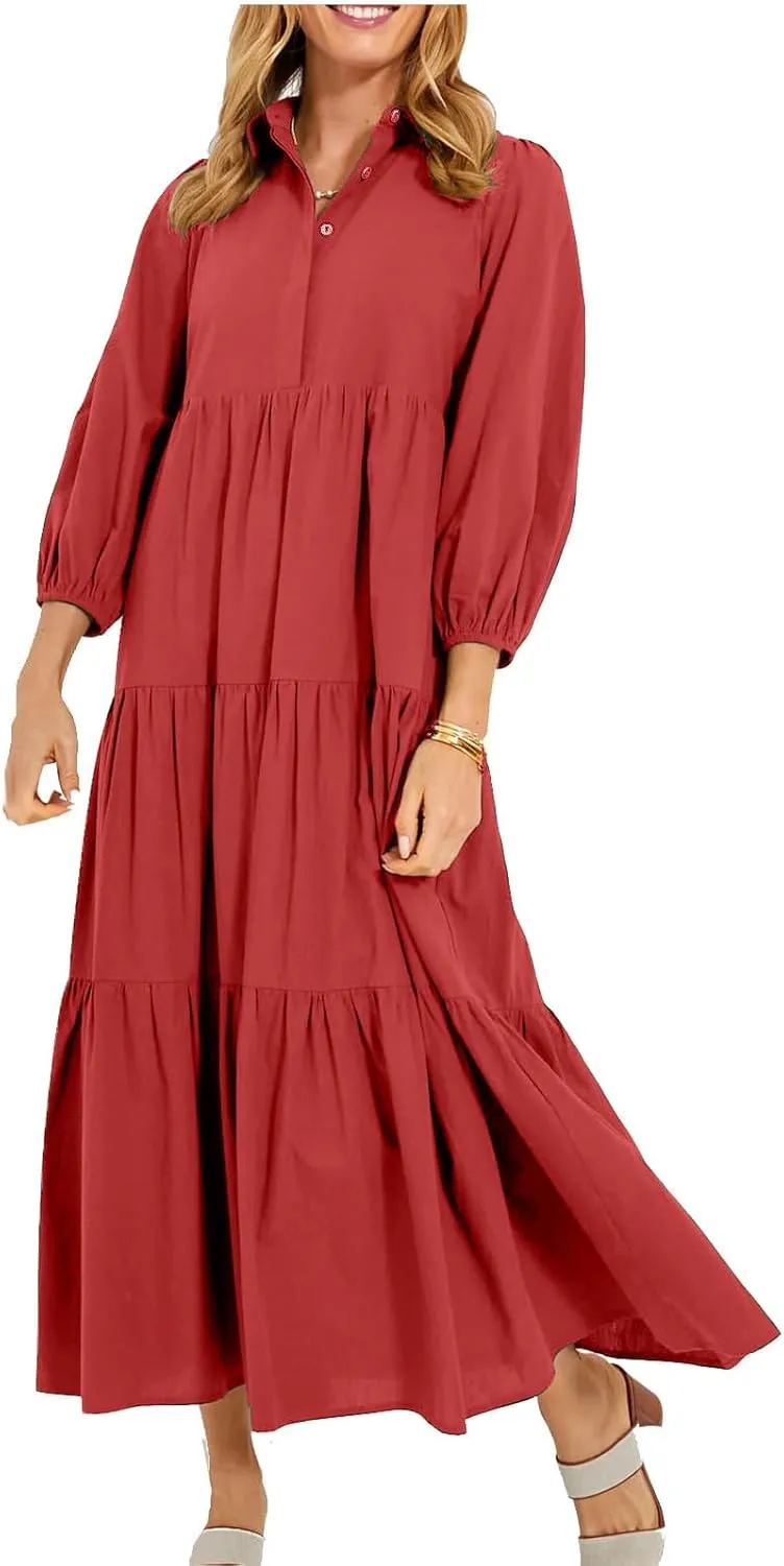 XUNRYAN Women Flowy Maxi Dresses Casual 3/4 Sleeve V-Neck Smocked Tiered Ruffle Babydoll Dress Long Beach Sundress w Pockets