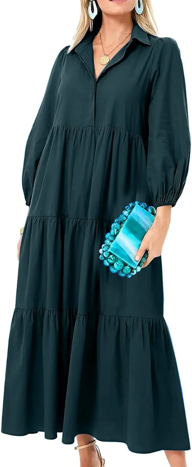 XUNRYAN Women Flowy Maxi Dresses Casual 3/4 Sleeve V-Neck Smocked Tiered Ruffle Babydoll Dress Long Beach Sundress w Pockets