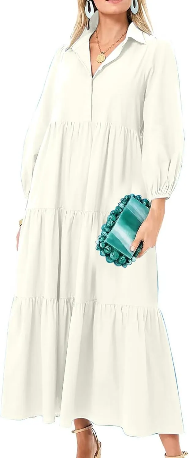 XUNRYAN Women Flowy Maxi Dresses Casual 3/4 Sleeve V-Neck Smocked Tiered Ruffle Babydoll Dress Long Beach Sundress w Pockets