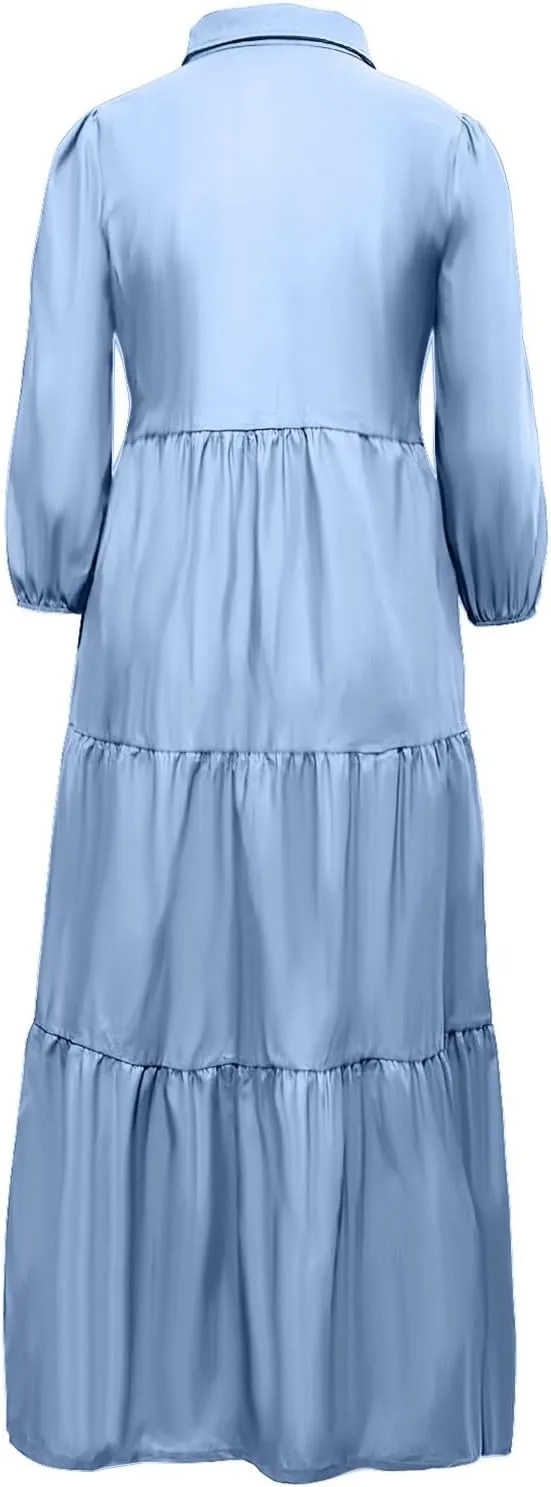 XUNRYAN Women Flowy Maxi Dresses Casual 3/4 Sleeve V-Neck Smocked Tiered Ruffle Babydoll Dress Long Beach Sundress w Pockets