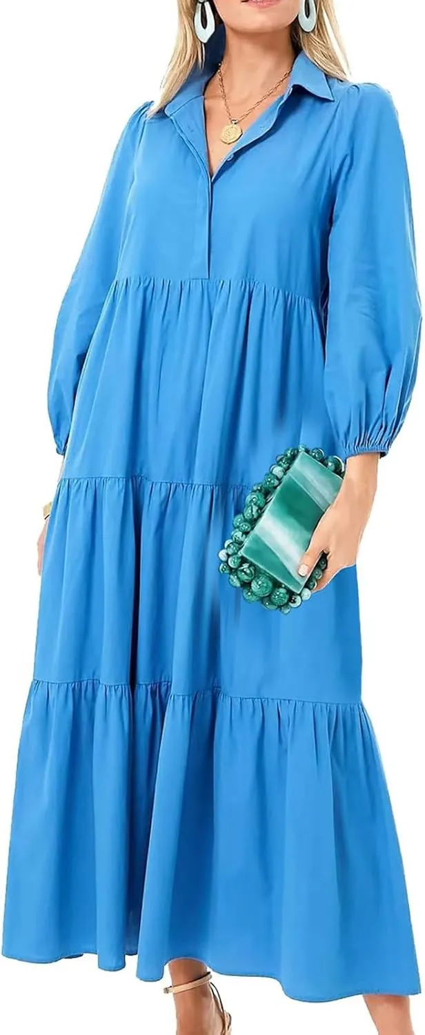 XUNRYAN Women Flowy Maxi Dresses Casual 3/4 Sleeve V-Neck Smocked Tiered Ruffle Babydoll Dress Long Beach Sundress w Pockets